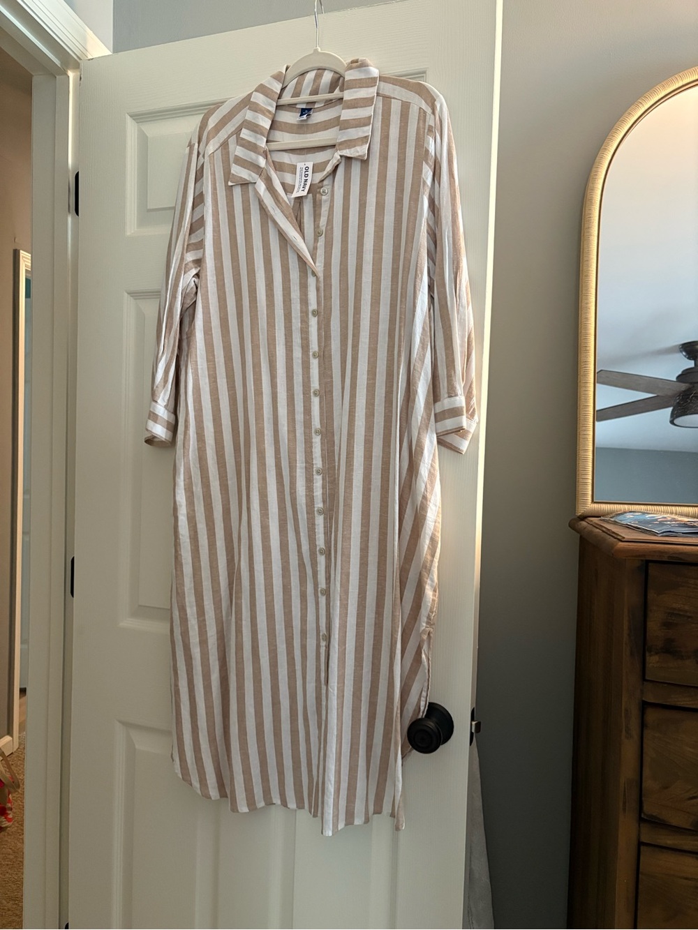Old Navy Striped Button-Front Shirt Dress in Beige and White Stripe